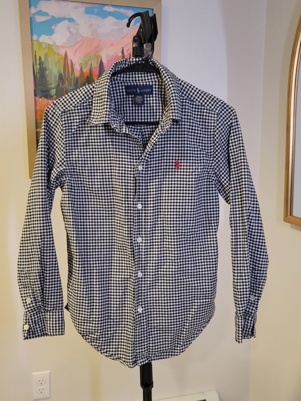 RALPH LAUREN Gingham Check Black White‎ Button Down Shirt Boys Size L